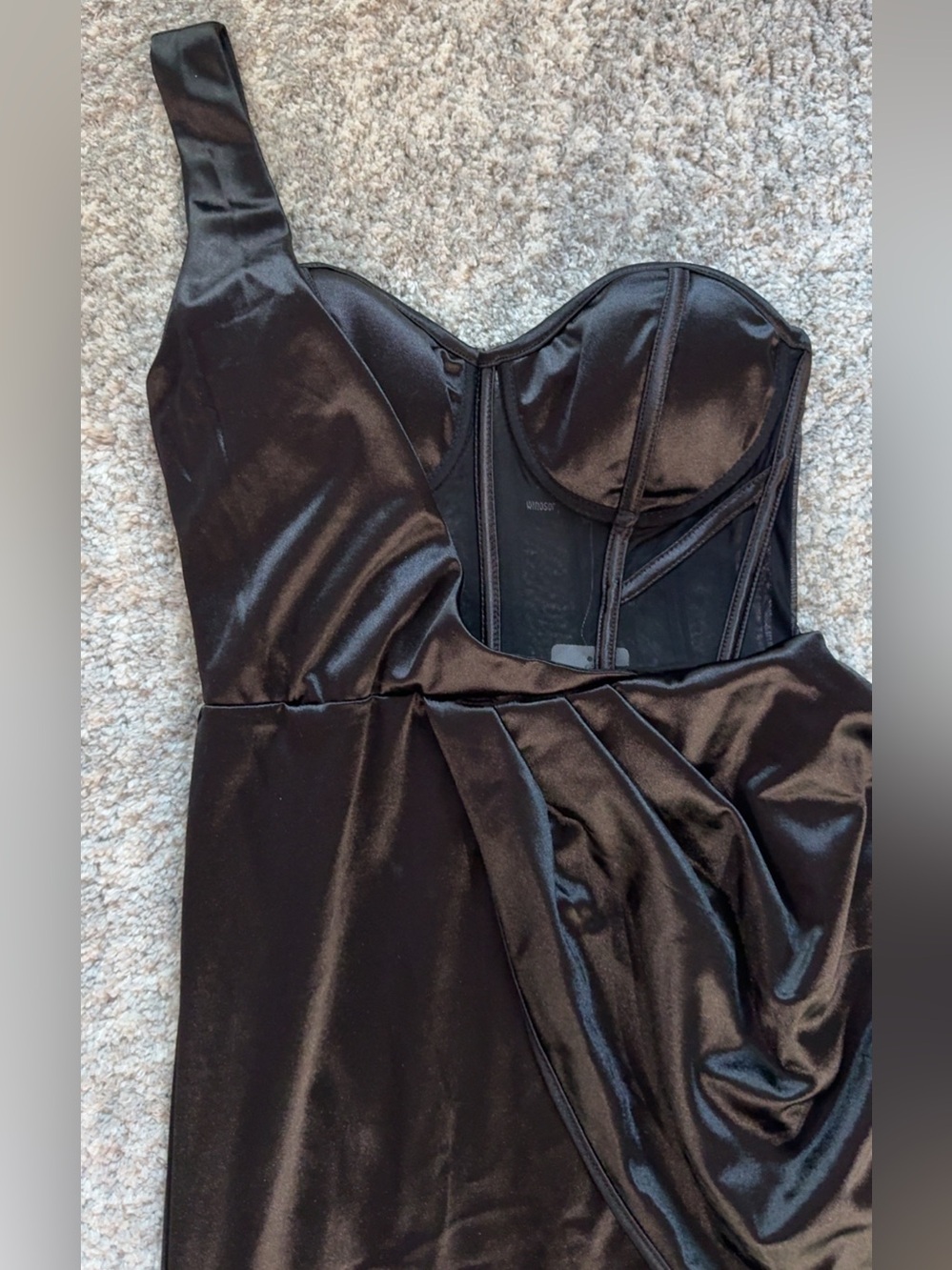 Windsor Black Satin Bustier Mesh-Panel Prom Gown with Thigh Slit - Picture 5 of 9